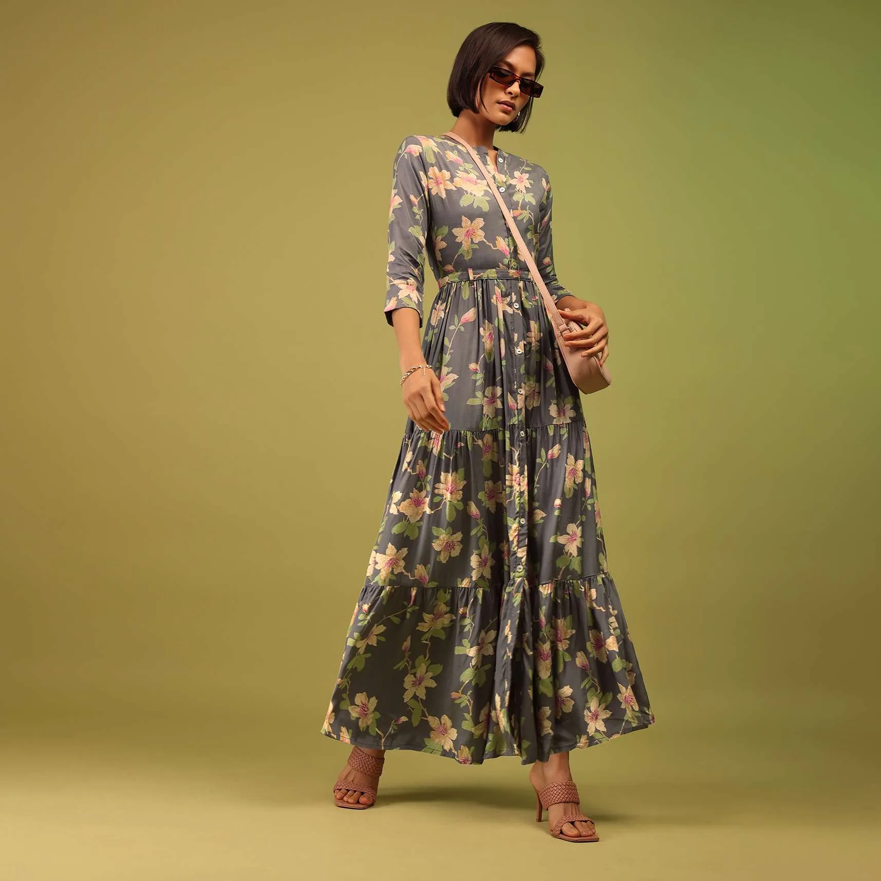Fog Grey Tiered Dress In Cotton Silk With Multicolored Floral Print And Mock Placket Online - RE By Kalki